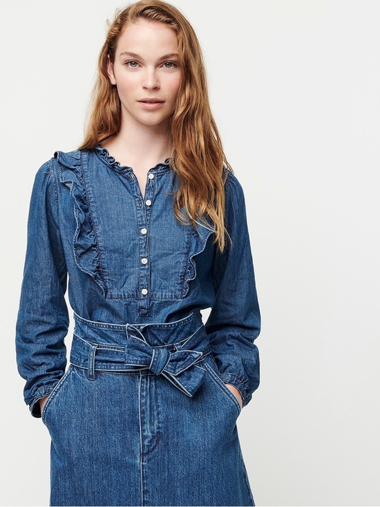 J. Crew Tops - J. Crew Denim Ruffle Bib Popover Long Sleeves Top Preppy Size Small